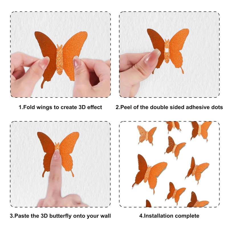Glitter 3D Butterfly Wall Stickers - Orange