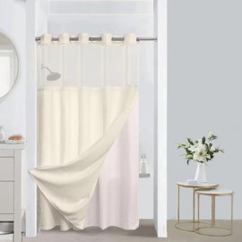 CYPL No Hooks Required Waffle Weave Shower Curtain with Snap in Liner-Hotel Grade Waterproof & Mesh Top Window Spa Like Small Stall Bath Curtain Machine Washable 54Wx80L Beige