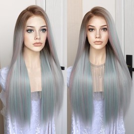K'ryssma Highlight Pink Cyan Grey 13x6 Lace Frontal Wig Pre Plucked Glueless Long Straight 3 Tone Brown Roots Ombre Cyan Skunk Stripe Pink Synthetic 13x6 Lace Front Wigs for Women 24 Inches