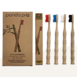 Natural Bamboo Toothbrushes (4 Pack) - Eco Friendly Gifts - Medium Soft BPA Free Anti-Bacterial Charcoal Infused Tapered Bristles - Teeth whitening - Biodegradable Ergonomic Wooden Handle