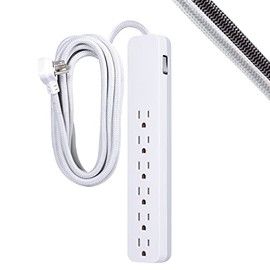 GE 62937 - Protector de sobretensiones de 6 Tomas, Cable de extensión Trenzado de 15 pies, Tira de alimentación, 840 Julios, Enchufe Plano, listado ETL, Color Blanco