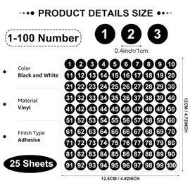 MOLILON 25 Sheets Consecutive Number Stickers - 1 to 100, 0.39inch, Self Adhesive Round Label Stickers White on Black Stickers Decals for Organizing Nail Polish Bottle, Press on Nails, Lipstick
