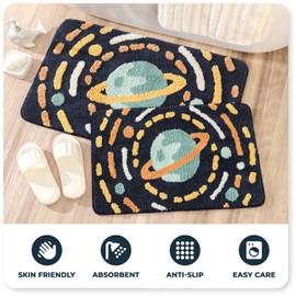 Tyrafry Bath Rug Cute Space Bathroom Rug Mat for Bathroom, Soft Microfiber Rug Water Absorbent Bath Mat fot Kids, Bedroom, Kitchen, Dinning, Non Skid Machine Washable Funny Rug (Planet, 20x31)