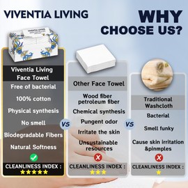 Viventia Living Disposable Face Towel, 100% Cotton, Ultra Soft & Biodegradable, Lint-Free Dry Wipes, Clean Towel, Makeup Remover for Sensitive Skin, Extra Large & Thick, 70 Count