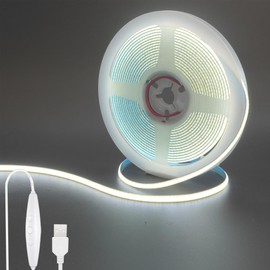 Clearhill 5V 5mm Width USB COB LED Strip Lightswith Dimmable Switch,6.56FT/2M,Cool White 6500K,400LEDs/M,8W/M,CRI90,1600lm,Electroplated Double-Sided Panel Light Strip,IP20,for Indoor Decoration