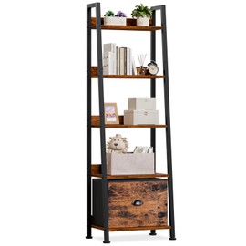 Furologee 5-Tier Ladder Shelf, Ladder Bookshelf with Removable Drawer, Rustic Bookcase Storage Rack Organizer, Wood Metal Freestanding Storage Shelf for Living Room, Home Office, Bedroom, Balcony