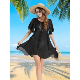 SPFASZEIV Beach Cover Up Summer Dress for Women Crochet Chiffon Swimwear Bikini Bathing Suit Cover Ups Black S