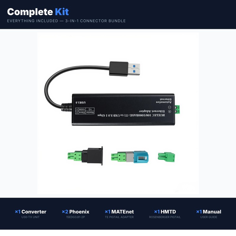 BUELEC USB 3.0 to Automotive Single-Pair Ethernet Adapter, 100/1000BASE-T1, Bus