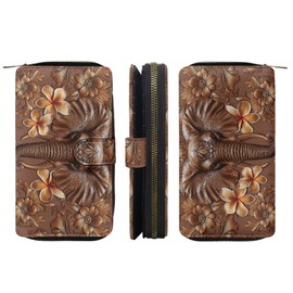 COEQINE Vintage Leather Wallets For Women Leather Wallets Designer Two Fold Organizer Wallet Elephant Boho Wallets For Woman ID Card Purse Long Handbag Large Capacity Wristlet Holder Pouch