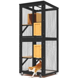 TIMHAKA Catio Outdoor Cat Enclosure, 4 Tier Indoor Catio with 4 Wheels, Platforms and Resting Box, Cat Cage with Waterproof Roof, Feral Pet Shelter with Easy Clean PVC Layer, Black