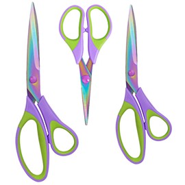 3 Pack Multipurpose Scissors Set with Titanium Blades and Comfort Grip Handles, All Purpose Craft Sissors for Office Home Sewing Crafts,Purple&Green Handle