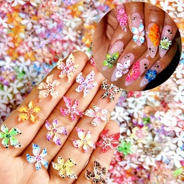 100PCS Flower Nail Art Charms 3D Hawaii Flowers Nail Rhinestones Hibiscus Floral Nail Gems 3D Mixed Colorful Flower Nail Diamonds Spring Summer Nail Jewelry Nail Decor for Women Acrylic Nail Supplies