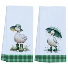 Greatingreat Green Duck Towels Funny Kitchen Towels Waffle Soft Cute Kitchen Dish Hand Towels Duck Lovers Absorbent Hostess Decor Bath Towels Housewarming Gift Set of 2