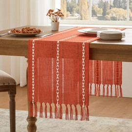 YZJZEDS Hemstitched Farmhouse Fall Table Runner, Orange 13x48 Inch, Cotton Linen Table Runners 48 Inches Long, Embroidered Striped Burnt Orange Boho Table Runner Fall Decoration for Home