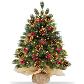 Realistic-Feel PE 24 Inch/2FT Tabletop Christmas Tree with 40 Warm Lights Timer Battery Powered Cedar Norfolk Pine 10 Pinecones 30 Red Berry Artificial Xmas Mini Small Spruce Tree Table Indoor Home