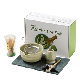 Matcha Whisk Set, 7 PCS Japanese Household Ceramic Matcha Kit with Handcrafted Bamboo Whisk, Bowl, Strainer，Scoop & Stand for Traditional Tea Ceremony Lovers (Matcha Green)