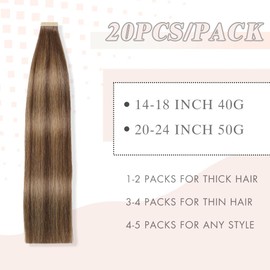 Tape in Hair Extensions Real Human Hair 24 Inch Chocolate Brown Mixed Honey Blonde Tape for Skin Weft Hair Extension Invisible Tape in Hair Extensions Human Hair for Women 20pcs (4/4/27#,24 Inch)