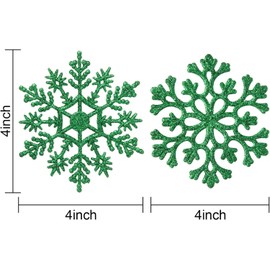36pcs Christmas Snowflake Ornaments Plastic Glitter Snowflakes Ornaments for Xmas Tree Decorations, 4-inch (Green)