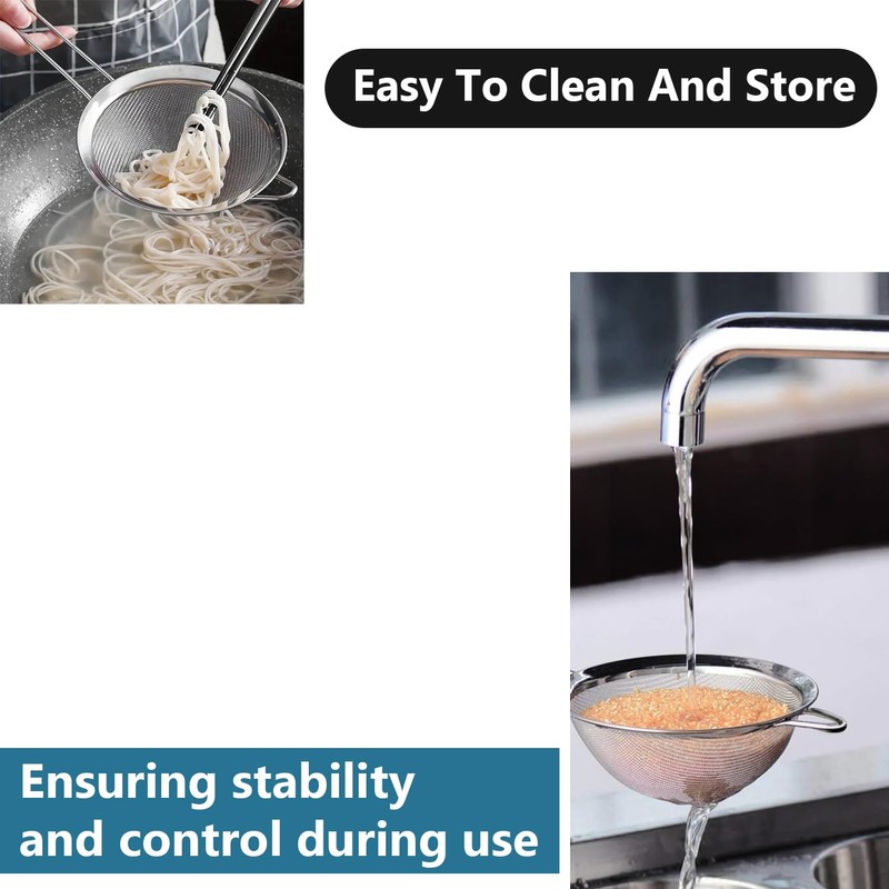 3X Kitchen Sieves Stainless Steel Mesh Design Long Handle Food