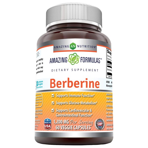 Amazing Formulas Berberine 1200 mg per Serving, 60 Veggie Capsules (Non-GMO, Gluten Free) - Supports Immune Function, Glucose Metabolism and Cardiovascular & Gastrointestinal Function