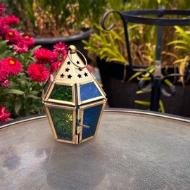 In the Breeze 9205 — Blue & Green Mini Hex Tealight Lantern — Moroccan-Style Boho Chic Tealight Glass and Metal Tabletop Lantern