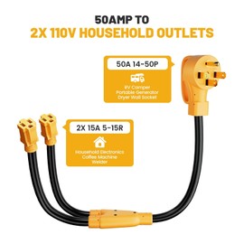 MECMO 50 Amp to (2)x 110V 15 Amp Household Outlet RV Y Adapter Power Cord, 10/3 STW NEMA 14-50P Male Plug to Two 5-15R Female Electrical Receptacles, 50 Amp to 15Amp RV Power Y Splitter Cord 2.5 Feet