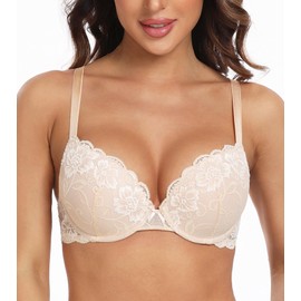Lemorosy Women's Floral Lace Cups Underwired Bra Push Up Padded Elegant, beige