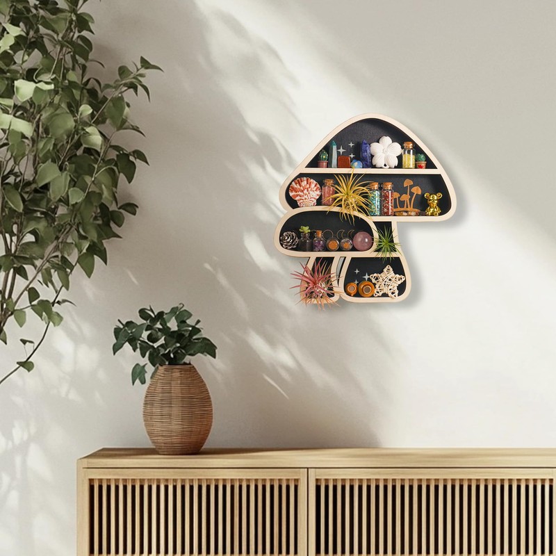 FNYDOX Cute Mushroom Decor, Wooden Floating Mushroom Shelf for Wall,
