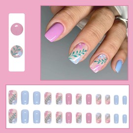 Ceboic Pack of 24 Square Glue-On Nails, Short, Blue Pink French Artificial Nails, Glossy Artificial Nails, Press On Nails with Flowers & Leaves Designs, Acrylic Fingernails, Fake Nails for Women and