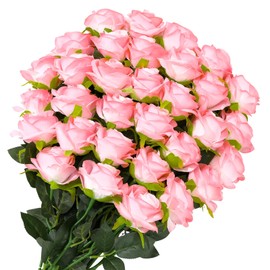 Ovveroche 32 Pcs Gradient Pink Artificial Flowers Bulk, 20" Silk Blush Pink Real Touch Roses for DIY Wedding Bridal Bouquets, Centerpieces, Home Decor