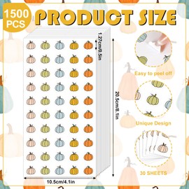 JarThenaAMCS 1500Pcs Mini Fall Pumpkin Stickers for Kids 5 Colors Pumpkin Shaped Decals Colorful Autumn Self-Adhesive Stickers for Cards Envelope Journal Decor Thanksgiving Party Supplies
