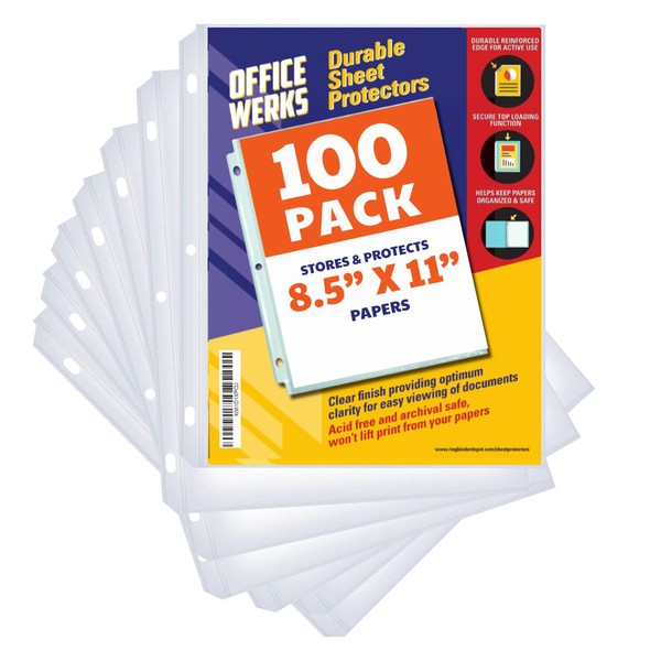 100 Clear Sheet Protectors, 8.5" x 11" Clear Page Protectors for 3 Ring Binder, Plastic Sheet Sleeves, Top Loading Paper Protector with Reinforced Holes, Archival Safe for Documents and Photos