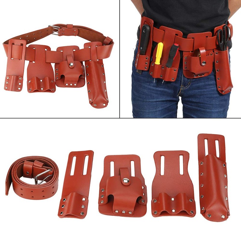 Leather Tool Belt, 5in1 Carpenters Belt Tool Pouch, Dark Red