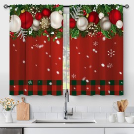 Aimego Christmas Ball Kitchen Curtains - Xmas Decorations Winter Red Pattern Cafe Small Short Tier Window Curtains for Living Dining Room Decor Rod Pocket Window Drapes 36 Inch Length Set 28"x36"