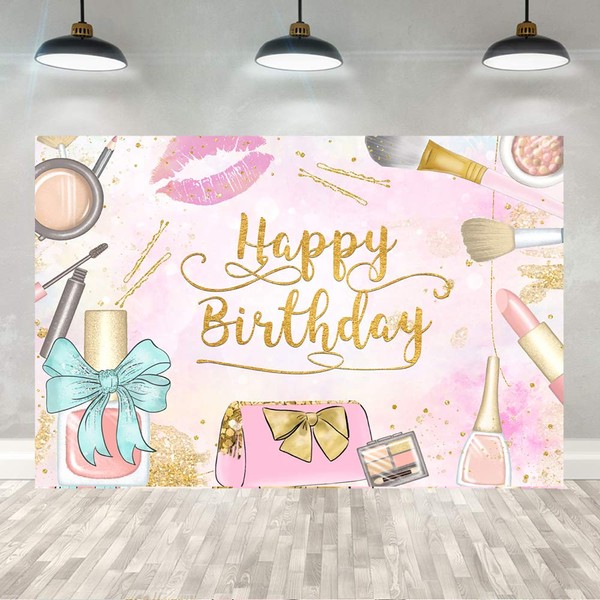Ticuenicoa 5×3ft Girls Makeup Birthday Backdrop Spa Glamour Cosmetics Theme Birthday Party Banner Decorations Pink Beauty Make Up Women Girls Birthday Photography Background
