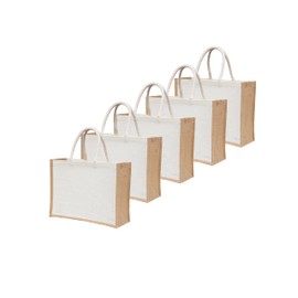 Pack of 5 White Jute Burlap Tote Bags with Handles, Natural Eco-friendly Reusable Grocery & Return Gifts Bag, Totes for Bridesmaids, Yogi's Gift®