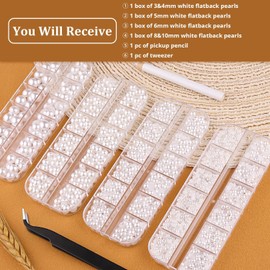 4 Boxes Flat Back Pearls Kit 1 Flatback White Half Round Pearls 3-10mm with Pickup Pencil and Tweezer for Home DIY and Professional Nail Art, Face Makeup and Craft