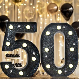 8.8" Decorative LED Light Up Numbers, Glitter Marquee Numbers Lights for 50th Birthday Decorations, Shiny Lighted Number Sign for Birthday Party Wedding Anniversary Home Decor, Glitter Black 50
