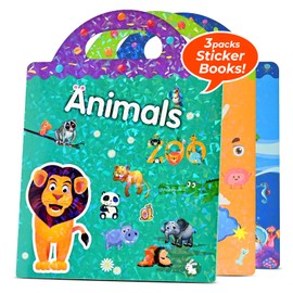 EooCoo 3 Pack Reusable Sticker Books for Kids 3-5, Travel Airplane Activity Stickers for Boys Girls, Education Learning Toys for Toddler Party Birthday Gifts - Animals, Ocean Animals and Body