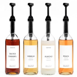 Demi's Home 25.4 oz 750 ml Glass Coffee Syrup Dispenser for Coffee Bar - 4 Pack - Comprehensive Label Set & ¼ oz Pumps Included - Coffee Bar Accessories