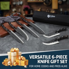 TIJERAS Butcher Knife Set, Hand Forged BBQ Viking Meat Cleaver Knives Professional Chef Knife Set with Roll Bag, 6 PCS High Carbon Steel Kitchen Knives for Camping Grilling, Birthday Dad Mom Gift