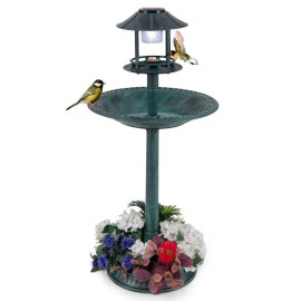 Solar-Lighted Pedestal Bird Bath with Feeder and Flower Planter for Backyard BirdingColor: Green Color