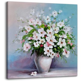 Bathroom Wall Decor - Flower Picture Wall Artwork - White Floral Wall Art for Office Bedroom Wood Framed Canvas Wall Art Easy to Hang Size 13 inch x 13 inch