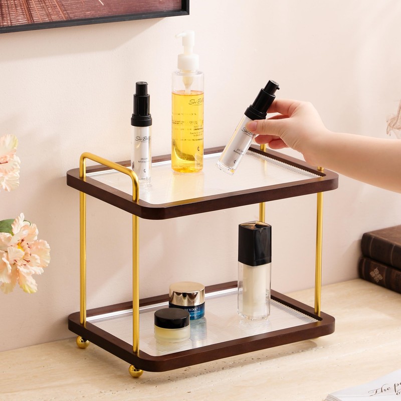 2-Tier Bathroom Counter Organizer with Transparent Stripe Acrylic Shelves, Brown