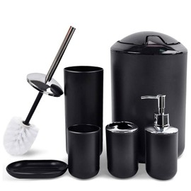 Timotech Juego de Accesorios de Baño de 6 Piezas, Incluye Dispensador de jabón, Soporte para Cepillos de Dientes, Cepillo de Inodoro, Vaso de Enjuague, Jabonera y Bote de Basura (Negro)