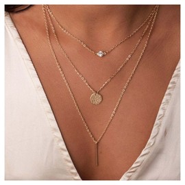 Allereya Vintage Layered Bar Pendant Necklace Small Coin Disc Necklace Solitaire Rhinestone Necklace Gold Long Layering Necklace Jewellery for Women and Girls
