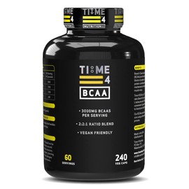 Time 4 BCAA - 240 Capsules High Strength Branch Chain Amino Acids Made By Fermentation Process for Muscle Growth, Tissue Repairing, & Energy Production Vegan BCAA Capsules Not BCAA Amino Acids Tablets