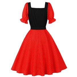 Wellwits Women's Puff Sleeves Lapel Decor Polka Dots Vintage Cocktail Dress Red M