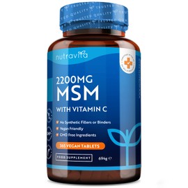 MSM 2200mg Tablets – 365 Vegan Tablets – Methylsulfonylmethane with 80mg Vitamin C – 6 Month Supply - Made in The UK by Nutravita