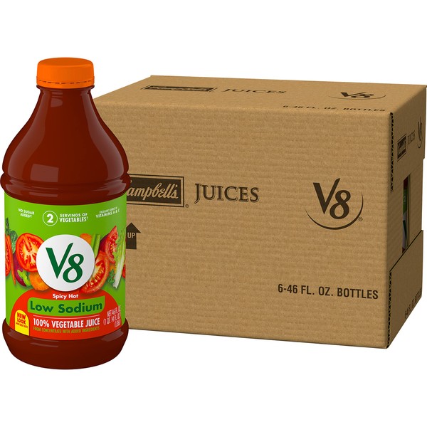 V8 Low Sodium Spicy Hot 100% Vegetable Juice, Vegetable Blend Juice with Tomato Juice and Spices, 46 FL OZ Bottle (Pack of 6)